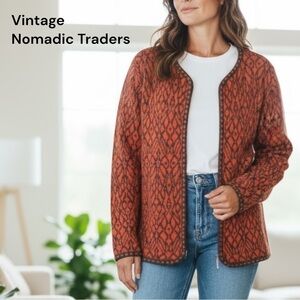 Vintage Nomadic Traders Rust Gray Brown Knit Zip Down Cardigan Sweater Boho